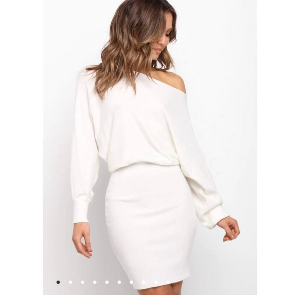 Petal & Pup romantic asymmetric neckline Sweater DRESS WHITE Off the Shoulder 4 - Picture 5 of 14